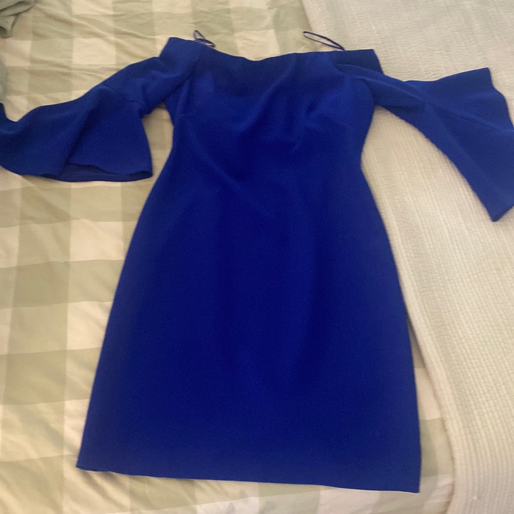 Royal blue off the shoulder dress with trumpet sleeves